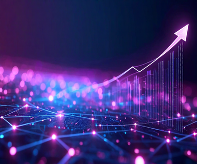 Abstract visualization of exponential revenue growth showing an ascending curve with neural network nodes and data infrastructure elements against a blue-purple gradient background, representing AI foundation model market transformation