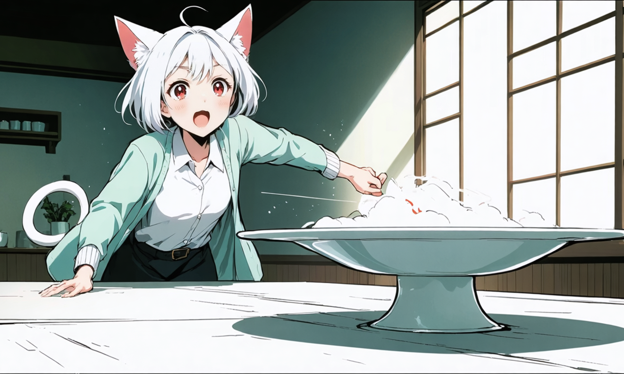 静かなレストランのテーブルで、慎重そうな小さなキャラクターと堂々とした大きなキャラクターが初めて向かい合って食事をしている場面を、ネコさんが驚いた顔で見ているイラスト。