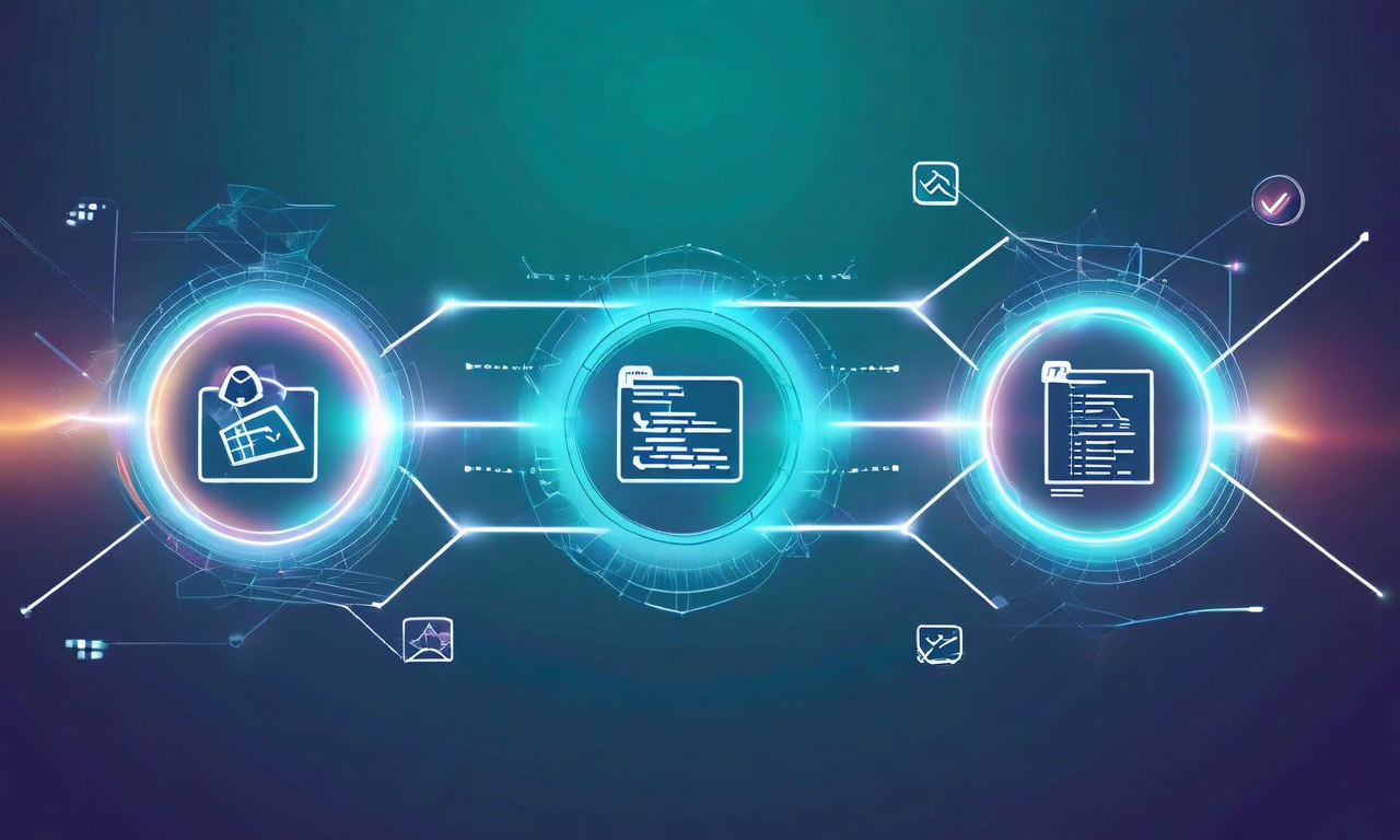Three interconnected geometric nodes representing a sequential AI development workflow, with symbols for planning, code generation, and evaluation connected by directional arrows