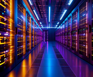 Split composition showing illuminated data center servers on one side and abstract neural network patterns on the other, representing cloud computing infrastructure and AI model training