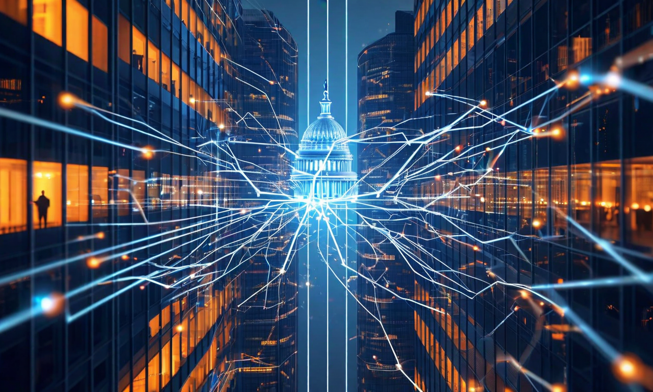 Abstract illustration of a digital network fragmenting into parallel pathways, with an AI node at the center splitting between government and commercial routes, representing regulatory risk and market fragmentation