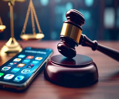 A judge's gavel positioned next to a smartphone showing an app store interface, with floating payment icons and a balance scale in the background, representing legal proceedings regarding Apple's App Store commission policies
