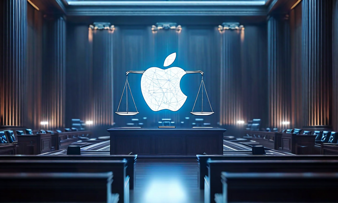 Apple logo surrounded by interconnected smartphones and digital network elements with scales of justice in the background, representing the DOJ antitrust lawsuit against Apple's platform practices
