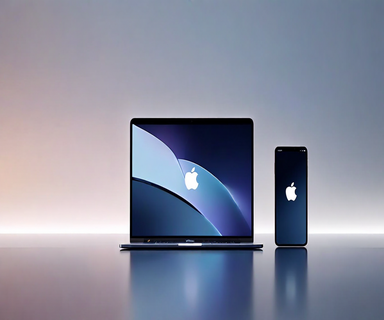 Minimalist composition showing silhouettes of iPad Pro and MacBook Pro devices floating against a gradient background with geometric elements, representing Apple's strategic product launch timing