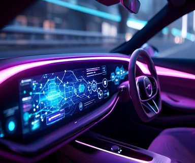 Modern car dashboard featuring a digital display screen with glowing AI interface elements and conversational patterns, illustrating the integration of artificial intelligence chatbots into vehicle infotainment systems