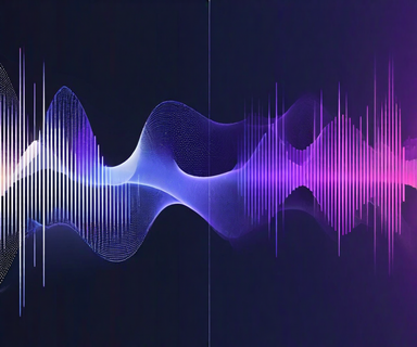 A visual representation showing the transformation from rigid geometric waveforms on the left to flowing, interconnected conversation bubbles on the right, symbolizing Siri's evolution from a command-based system to a conversational AI interface, rendered in blue and purple gradients
