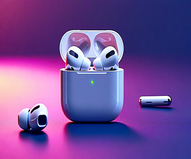 White Apple AirPods floating against a blue-purple gradient background with subtle camera lens light effects and holographic circuit pattern overlays, representing camera-equipped AirPods technology development