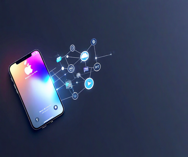 Split composition showing Apple iPhone hardware on left transitioning to interconnected service icons on right, illustrating Apple's strategic shift from product-centric to services-integrated business model during Tim Cook's tenure