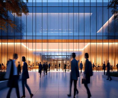Silhouettes of business professionals moving in different directions in front of an illuminated modern corporate headquarters building at dusk, representing executive transition and organizational change