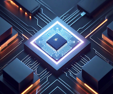Illustration of an Apple M-series processor chip with circuit details, flanked by two virtual machine containers, with additional ghosted VM representations above, depicting virtualization architecture and limitations