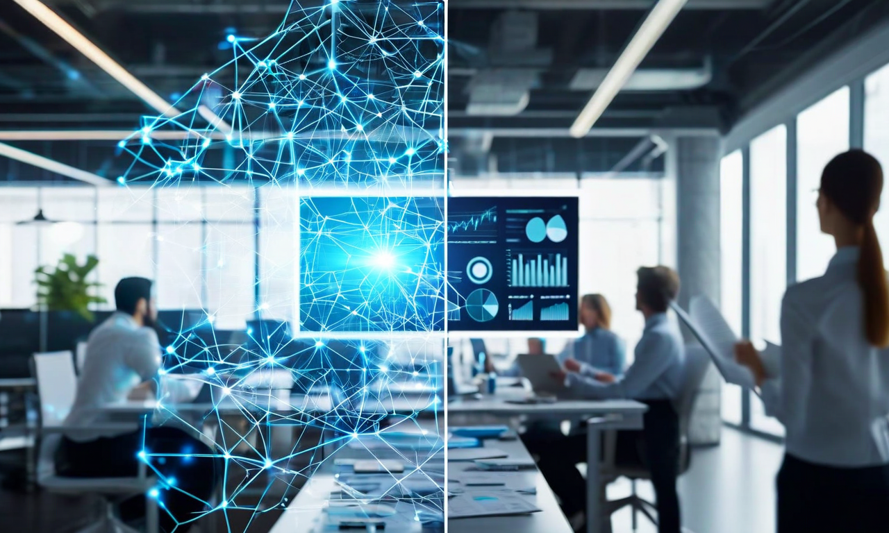 Split-screen image contrasting an idealized glowing AI neural network on the left with a chaotic real-world office environment on the right, separated by a gap, illustrating the credibility divide between AI marketing promises and workplace reality