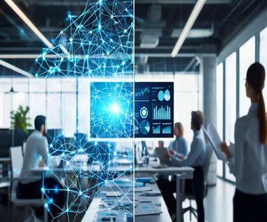 Split-screen image contrasting an idealized glowing AI neural network on the left with a chaotic real-world office environment on the right, separated by a gap, illustrating the credibility divide between AI marketing promises and workplace reality