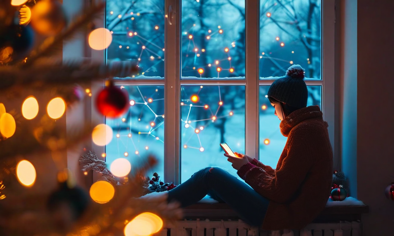 A person sitting alone during the holiday season looking at their smartphone, with abstract digital AI elements and warm light connecting from the device, representing the intersection of human loneliness and artificial intelligence companionship