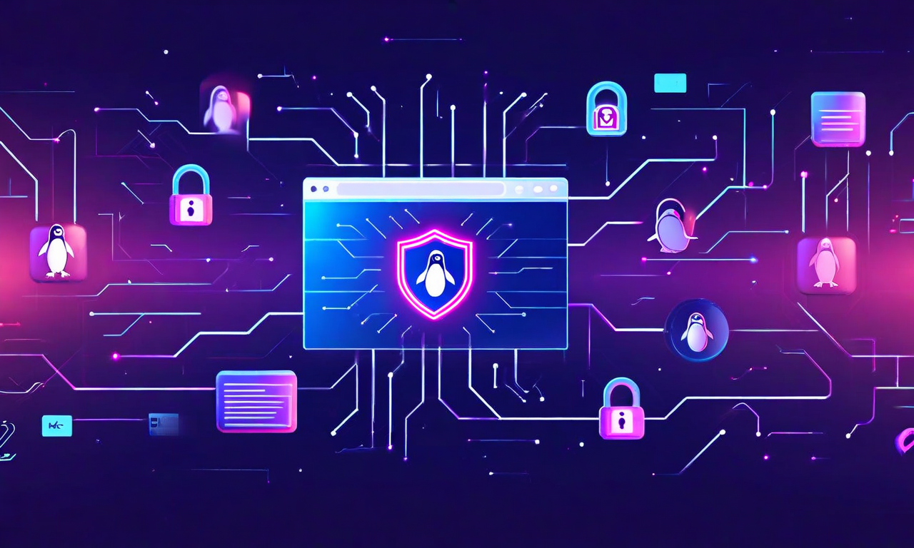 A modern tech illustration showing a web browser interface with WebKit engine symbol, surrounded by Linux and macOS platform icons, privacy shields, and flowing data streams on a blue-purple gradient background