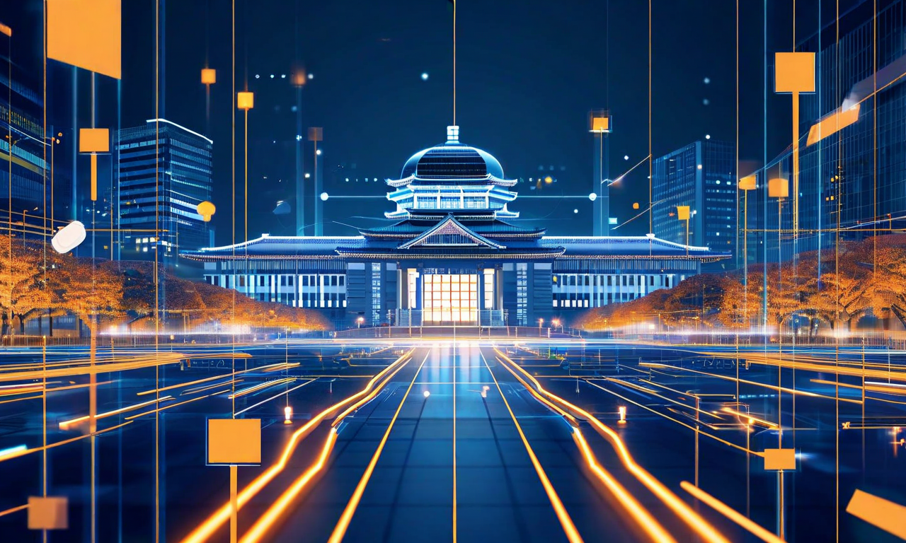 日本の国会議事堂を中心に、複数の政党を表現する幾何学的シェイプが戦略的に配置されたビジュアル。時間軸が横方向に流れ、発光するノードと接続線が政党間の連立ポジショニングと戦略的な関係性を示している。デジタル的で未来的な表現手法により、政治的な複雑性と交渉プロセスを視覚化している。
