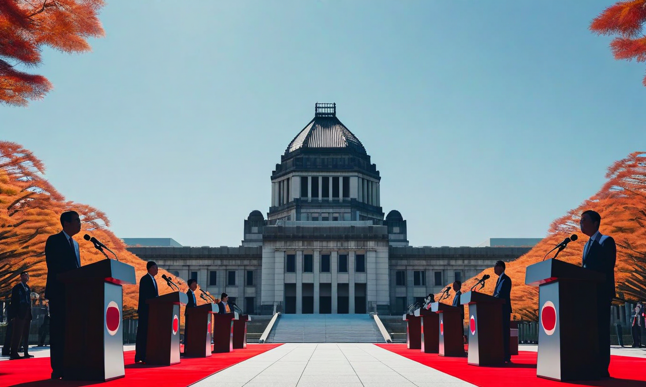 The Japanese National Diet Building stands prominently in the background while multiple political podiums and platforms are arranged in the foreground, symbolizing different political parties preparing for an upcoming general election with diverging strategies