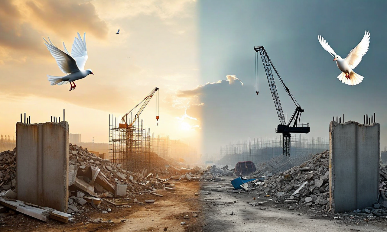 A transitional landscape showing Gaza's shift from ceasefire to reconstruction phase, with rubble and barriers in the foreground gradually transforming into construction equipment and infrastructure, under a hopeful dawn sky
