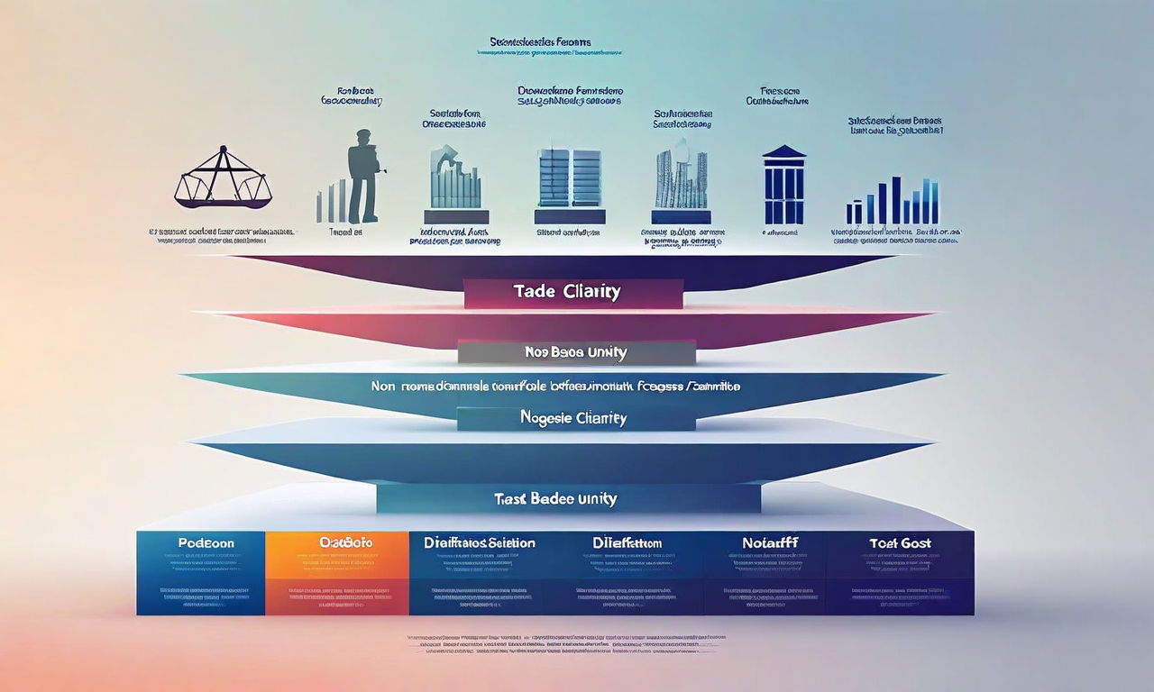 意思決定フレームワークの概念図。上部に貿易統一、費用便益の明確性、外交的継続性の3つのガードレール柱が基盤として表示され、中央に交渉可能な立場と交渉不可能な立場を区別するバランススケールまたはスペクトラムが示されている。下部には保護的なガードレール要素がシールド状に配置されている。プロフェッショナルな企業デザインで、幾何学的な形状と流動的な接続が戦略的構造を表現している。