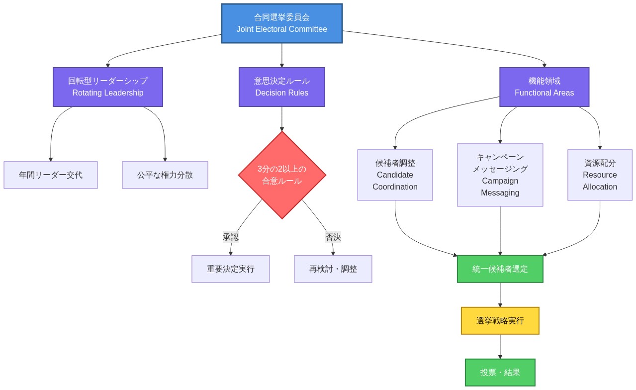 合同選挙委員会の組織構造を示す図。最上部に合同選挙委員会があり、そこから3つの主要な領域に分岐している。1つ目は回転型リーダーシップで、年間リーダー交代と公平な権力分散を含む。2つ目は意思決定ルールで、3分の2以上の合意ルールに基づいて重要決定を承認または再検討する。3つ目は機能領域で、候補者調整、キャンペーンメッセージング、資源配分の3つの機能を含む。これらすべてが統一候補者選定に集約され、その後選挙戦略実行を経て投票・結果に至る。