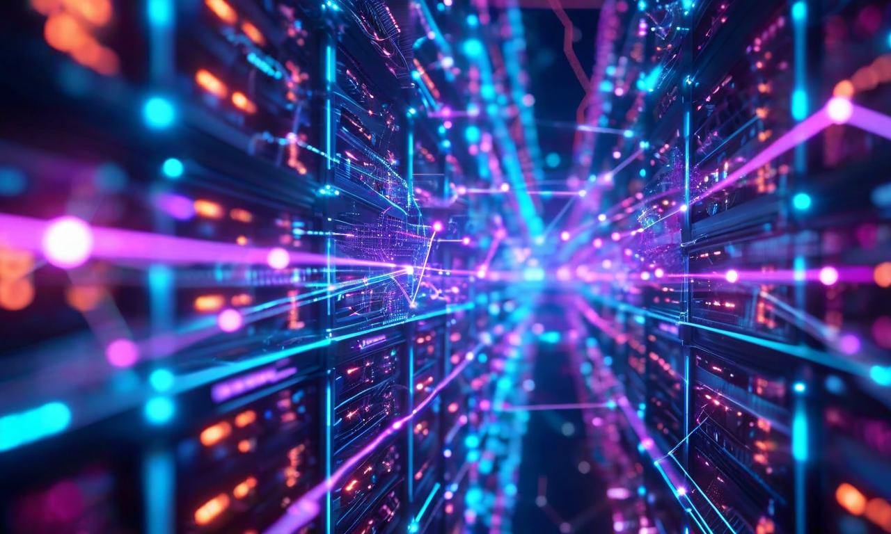 日本の主要通信キャリア4社（ドコモ、KDDI、ソフトバンク、楽天）がクラウドネイティブ技術を本番運用している状況を表現した画像。コンテナ化されたネットワーク機能がKubernetesで統合管理され、マイクロサービスアーキテクチャが相互接続されている。青紫色の光が流れるデータパスウェイ、複数の運用ダッシュボード、分散コンピューティングクラスタが未来的に可視化されている。