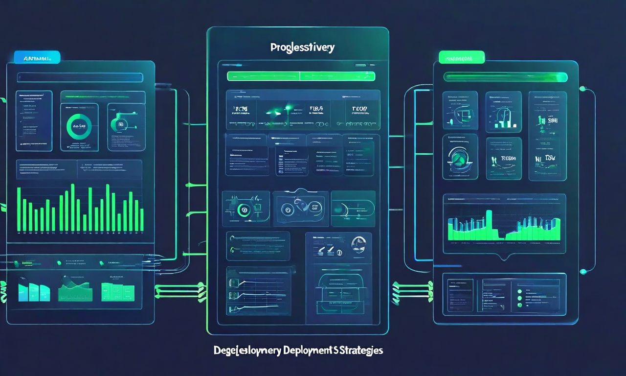 段階的デリバリーの3つの主要な戦略を視覚化した図。左からカナリアデプロイメント（トラフィックを段階的に新バージョンへシフト）、ブルーグリーンデプロイメント（2つの本番環境間での即座の切り替え）、フィーチャーフラグ（ユーザーセグメント別の機能制御）を示す。各戦略は矢印、バージョンインジケータ、ユーザーグループ、監視ダッシュボードで表現されている。