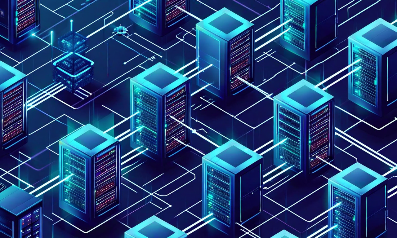 Isometric illustration of cloud-native telecommunications infrastructure showing modern server containers, 5G network nodes, and interconnected microservices architecture with flowing data streams in blue and teal tones