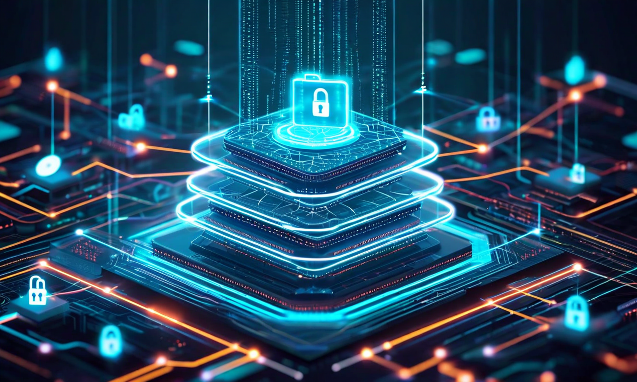 ネットワークアーキテクチャの各層に統合されたセキュリティ・バイ・デザインの概念図。複数の同心円状のセキュリティレイヤーが表示され、各層にはゼロトラストセキュリティ、マイクロセグメンテーション、暗号化、監査ログが視覚化されている。青とティール色の透明なレイヤーで構成され、暗号化ロック、セキュリティチェックポイント、データ検証ポイントが統合されている様子を示している。