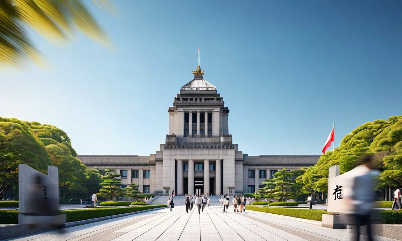 The Japanese National Diet Building photographed from ground level, showing its distinctive central tower and formal entrance, symbolizing parliamentary democracy and the upcoming general election