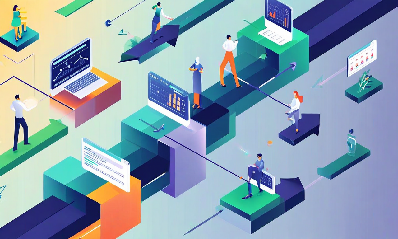 jQuery 3.xから4.0への段階的な移行戦略を示す技術イラスト。左から右へ進む4つのフェーズが色分けされたブロックで表現され、矢印で接続されている。各フェーズの下には並行運用と互換性チェックが示され、ロールバック計画を象徴する安全ネットが描かれている。複数の開発者がモニタリングダッシュボードの周りで協力している様子が表現されている。