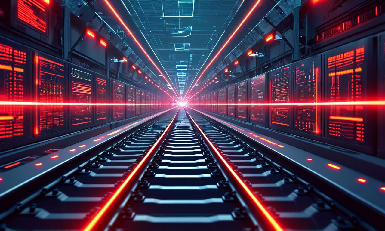 集中型緊急信号システムの脆弱性を示す技術図。中央の制御ハブから複数の鉄道軌道が分岐し、中心部での過負荷、信号配信のボトルネック、軌道沿いの信号伝播遅延が視覚化されている。赤い警告インジケーターとネットワークノードが重要インフラのリスクと連鎖障害の可能性を強調している。