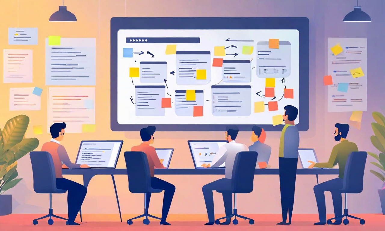 週次デザインレビュー会議の場面を示す画像。デザイナーと開発者がテーブルを囲み、デジタルスクリーンに表示されたデザインモックアップとフィードバック注釈を確認しながら協働している。矢印でデザインと開発フェーズ間のフィードバックループの反復サイクルが可視化されている。モダンなオフィス環境で、ノートパソコン、デザインツールのインターフェース、フィードバックコメントが記載されたスティッキーノート、チームメンバーの活発な議論が描かれている。