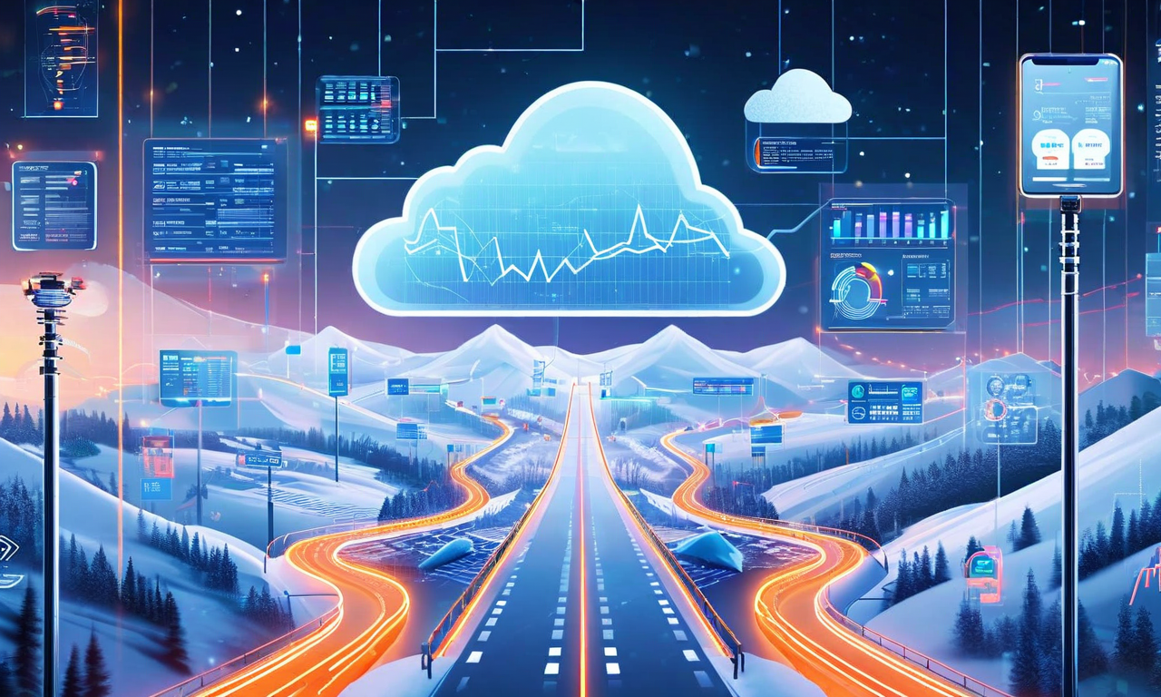 リアルタイム計測・適応応答システムの概念図。複数の地点に配置された気象センサー、路面温度計、積雪深計、交通流量計からのデータが、光の流れとして中央のクラウドシステムに集約される。クラウド内ではデータ分析ダッシュボードが表示され、生成されたアラートと情報がオペレーターの監視センターへ流れていく様子を示している。