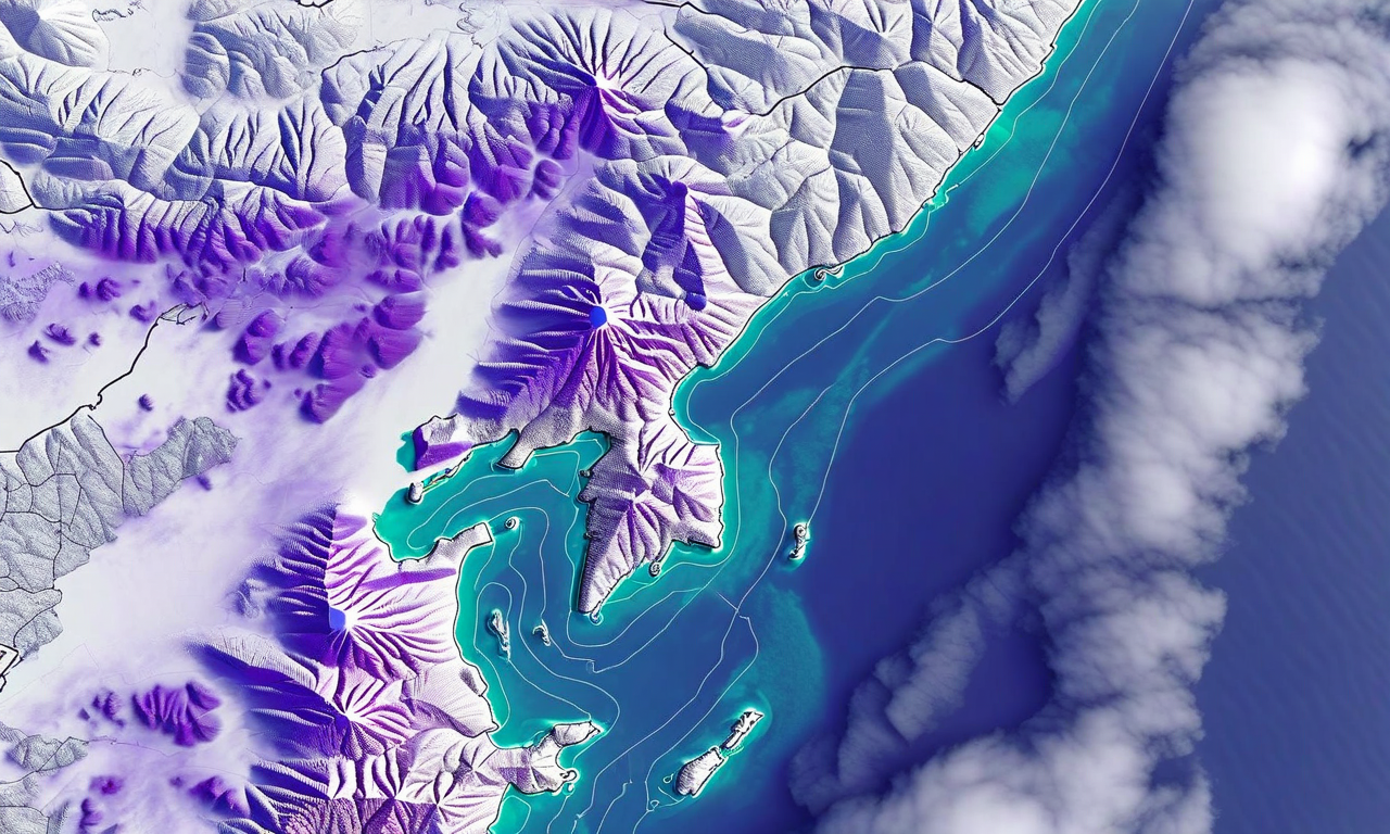 日本海側の冬型気圧配置による大雪現象を気象レーダー視点で表現した画像。滋賀県と石川県の日本海沿岸地域に集中する雪雲が、気象データの色分けオーバーレイとともに可視化されている。地形的な山岳地帯が下層に見え、上空には渦巻く厚い雲層が広がり、気象警報の緊迫感を伝えている。