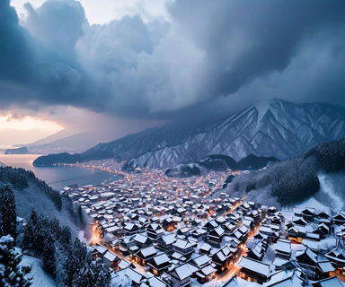 Aerial view of heavy snowfall over Japanese mountains and towns, showing dramatic storm clouds from the Sea of Japan depositing snow on mountain slopes and traditional rooftops below