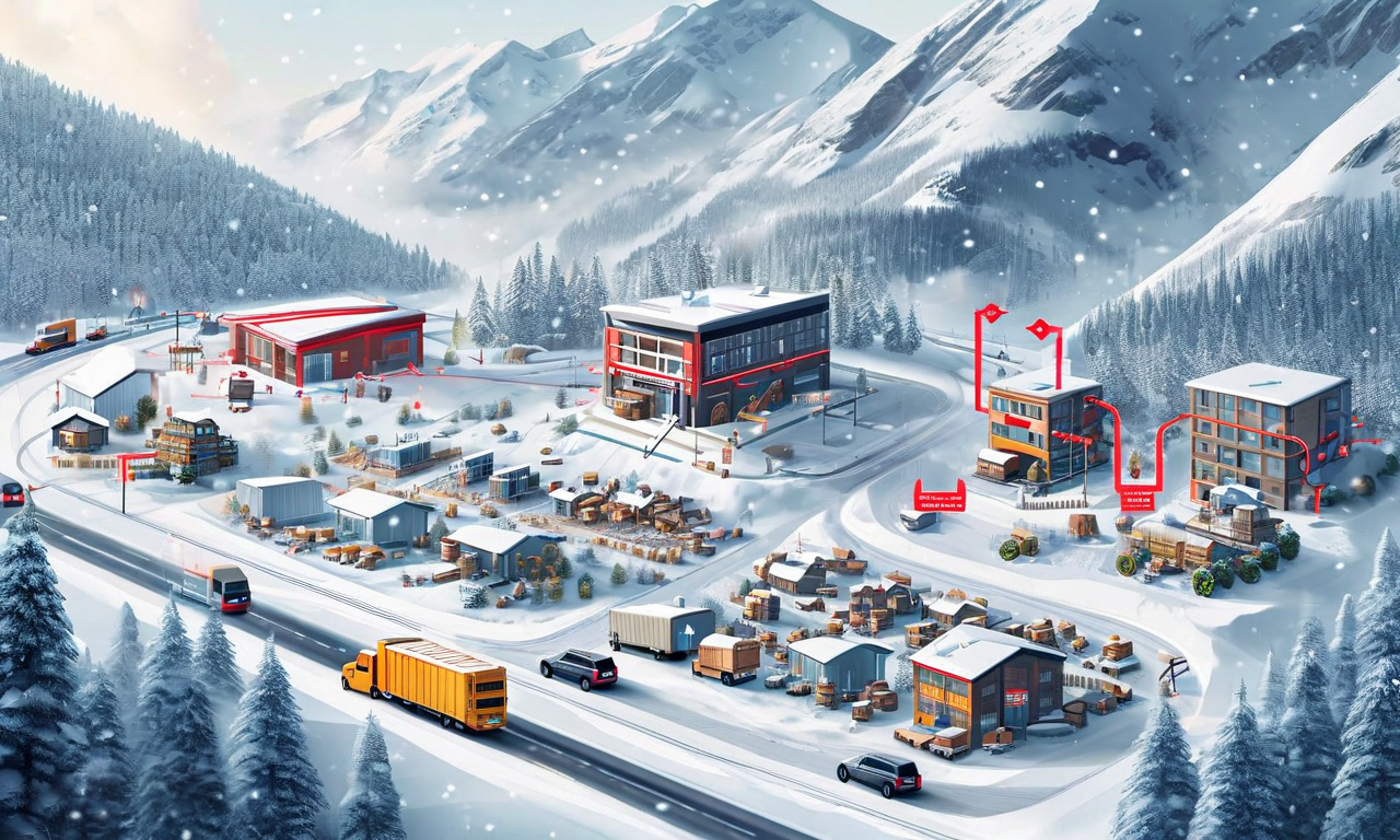 大雪によるリスク軽減戦略の概念図。左側に交通麻痺、停電、医療機関機能低下、孤立集落などの複数のリスク要因が示され、中央に備蓄、訓練、通信確保などの事前準備対策が、右側に段階的な対応実施が表現されている。全体的にプロフェッショナルな戦略的アプローチを視覚化している。