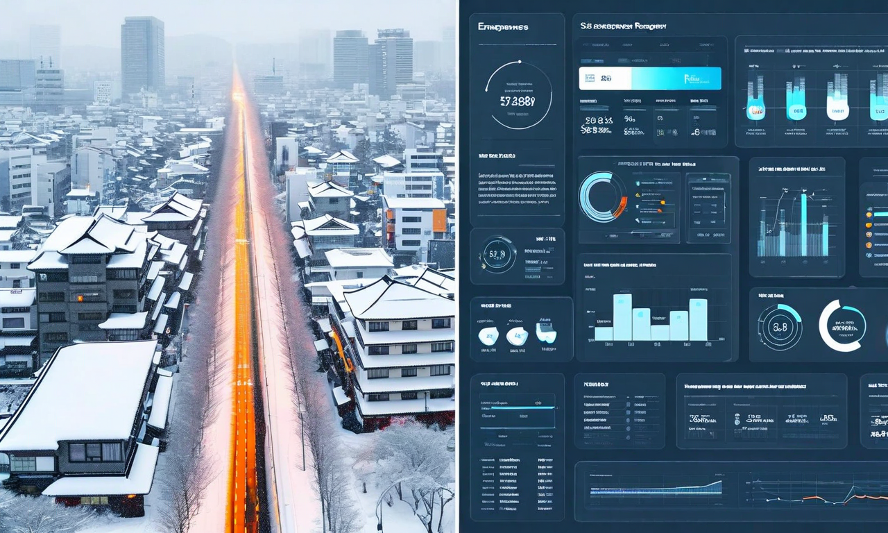 Split composition showing a snow-covered Japanese city on the left and an abstract visualization of layered decision-making frameworks with geometric shapes and threshold indicators on the right, representing systematic emergency response protocols