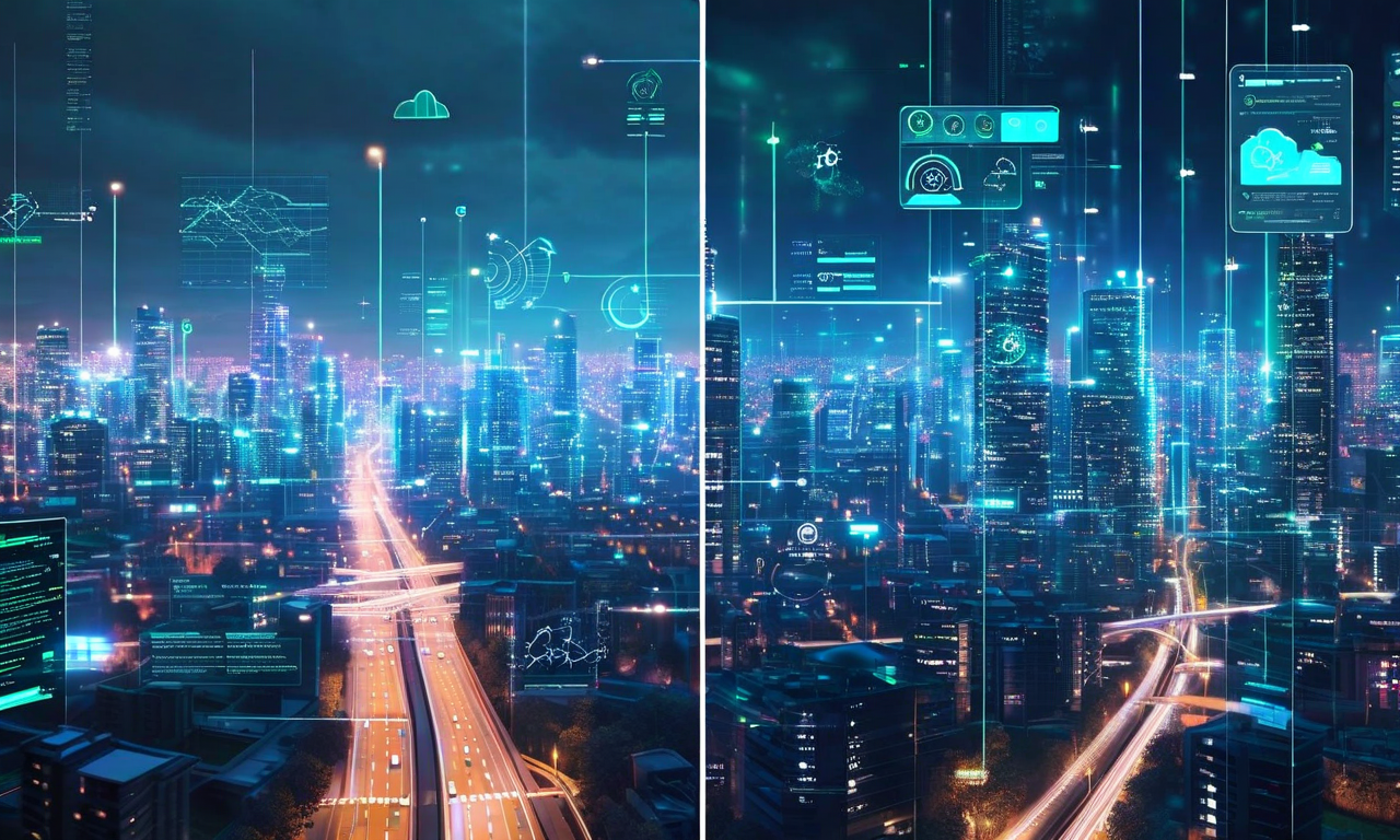 現在の段階的な気象リスク対応体制から、AI予測、IoTセンサー、自動化システムを統合した次世代対応体制への進化を示す図。左側は従来の気象観測と人的対応、右側はAI予測アルゴリズム、センサーネットワーク、自動応答システム、リアルタイムデータダッシュボードを備えた未来的なスマートシティインフラストラクチャを表現している。