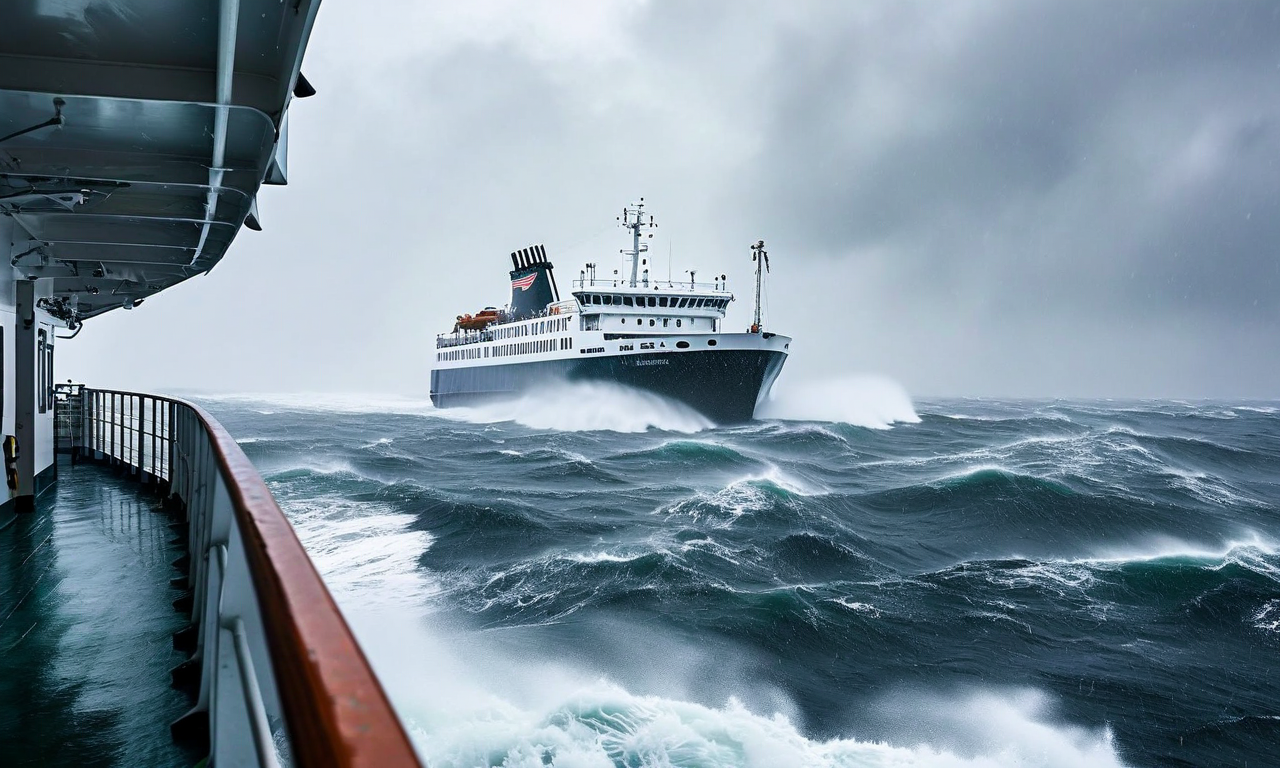 大雪と悪天候の中、波浪に揺られるフェリー船。視界不良の中、積雪が甲板に積もり、荒れ狂う海面と暗い空が海上交通の危険性を表現している。
