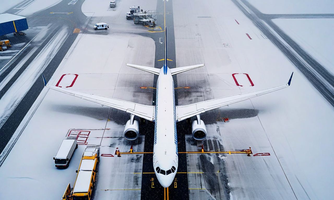 Aerial view of a commercial passenger aircraft on a snow-covered airport runway during heavy snowfall, illustrating flight cancellations due to winter weather conditions