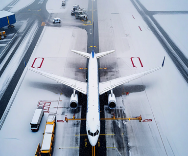 Aerial view of a commercial passenger aircraft on a snow-covered airport runway during heavy snowfall, illustrating flight cancellations due to winter weather conditions