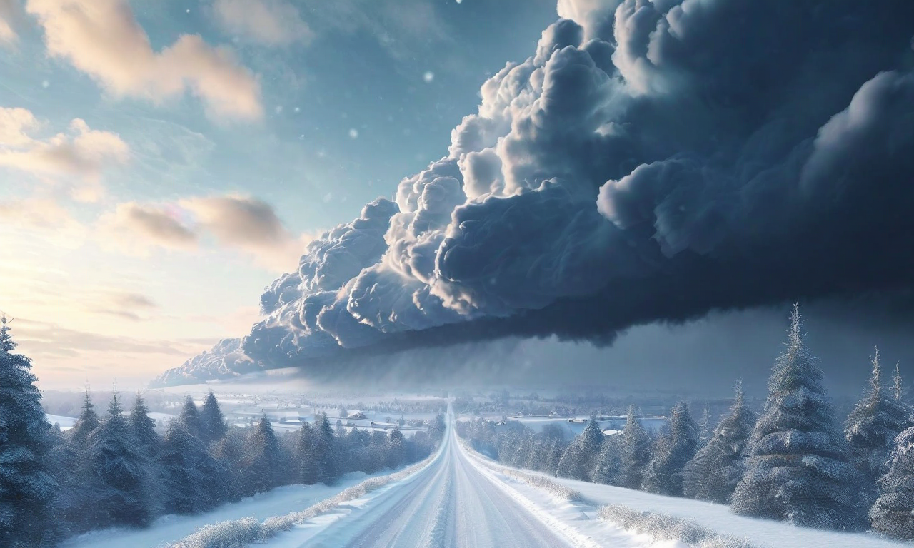 大雪イベントの4段階の時間軸を表現した図。左から右へ、気象システムの接近段階(準備体制)、ピーク到達段階(フル稼働)、通過段階(段階的縮小)、回復段階(正常化)を示す。各段階で対応体制の強度が視覚的に変化し、天候パターンと運用活動の相関関係を表現している。