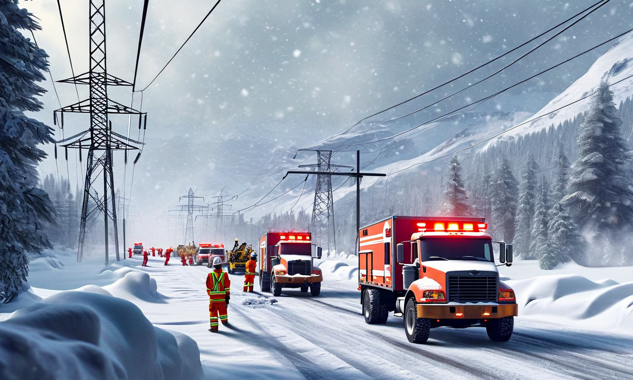 大雪時の現場対応を示すイメージ。除雪車が道路を清掃し、パトロール車両が交通を監視し、作業員が電力線の雪下ろしを行い、保守チームが給水施設の点検を実施している。複数の対応活動が同時進行し、安全装備を着用した作業員と各種機器が配置されている雪景色の中で、組織的な危機管理体制が展開されている状況。
