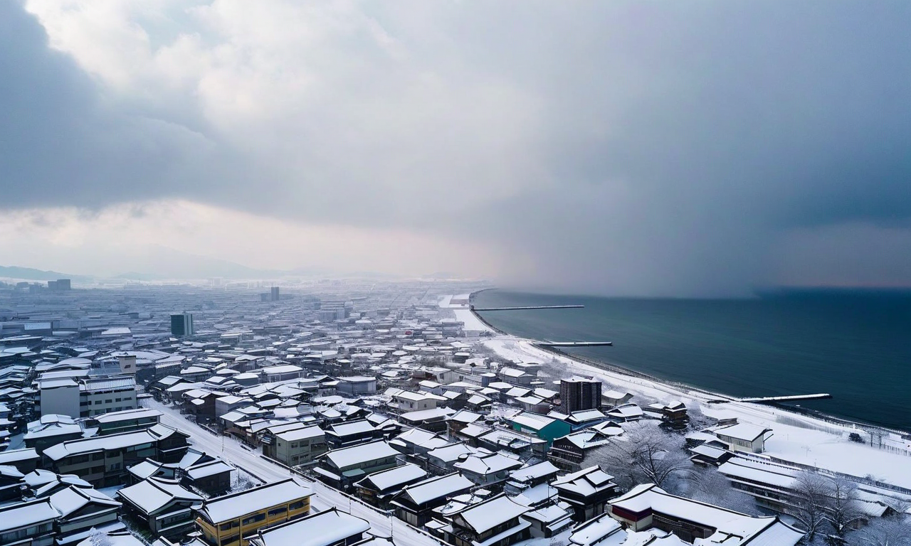 Aerial view of heavy snowfall over Japanese coastal region with deep snow accumulation on buildings and infrastructure along the Sea of Japan coast, showing severe winter weather conditions