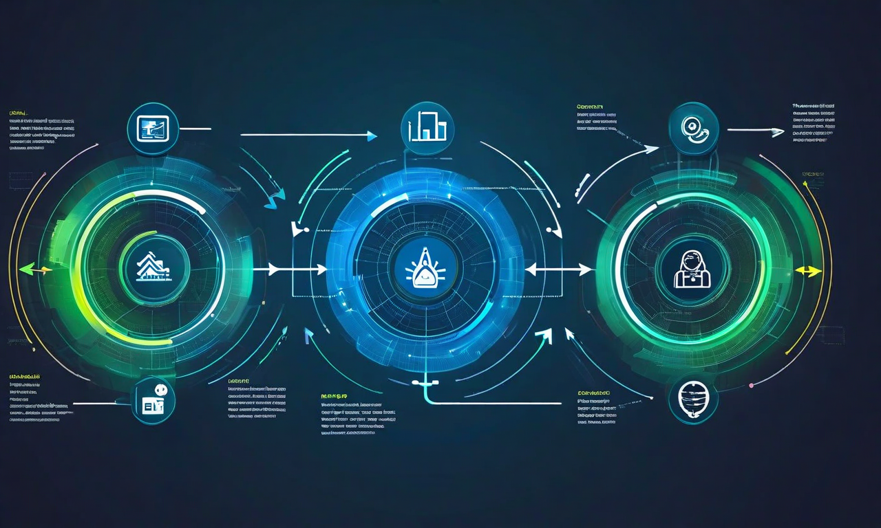 大雪対応の3段階を示すインフォグラフィック。左から右へ流れる矢印で、即座のアクション(警戒アイコン)、ピーク期間の対応体制(階層的な運用構造)、監視と適応(フィードバックループ)が視覚的に統合されている。各要素は円形ノードと接続線で関連付けられ、プロフェッショナルな配色で表現されている。