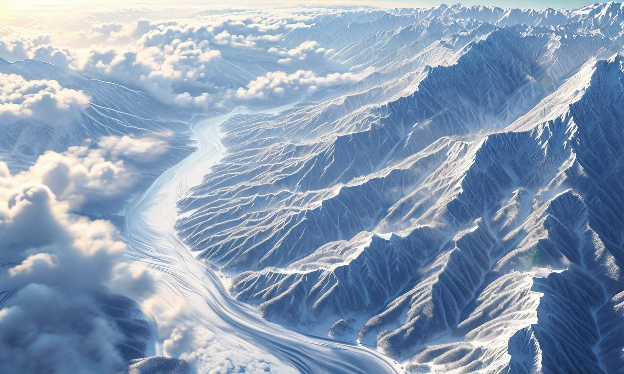 冬型気圧配置による気象システムの視覚化。日本海沿岸に発生する大規模な雪雲、寒気団による層状の気象パターン、山岳地帯の積雪深を表現。衛星視点から見た渦巻く雲帯、気温勾配の可視化、積雪層の段階的な表現を含む。