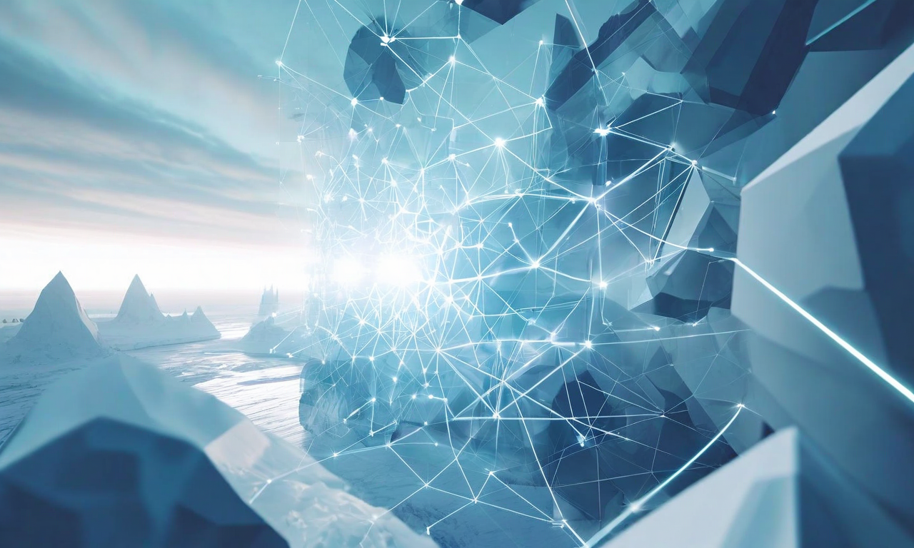 北極圏ガバナンスの価値創造の収束点を表現した抽象的なビジュアル。地政学的利益(赤系)、経済的機会(金系)、制度的革新(青系)、技術的可能性(紫系)を示す複数の層が、中央の輝く交差点に向かって収束している。透明度のある幾何学的形状とデータフローが立体的に重なり、異なる領域が相互に接続される様子を表現している。