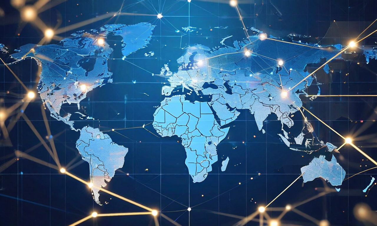 北極圏の地図を中央に配置し、米国とヨーロッパを結ぶ外交交渉テーブルのシルエット、政策転換を示す矢印、相互接続されたネットワークノード、透明な幾何学的レイヤーで構成された未来的なビジュアル。深い青、銀色、金色のアクセントカラーを使用した洗練されたデジタルデザイン。