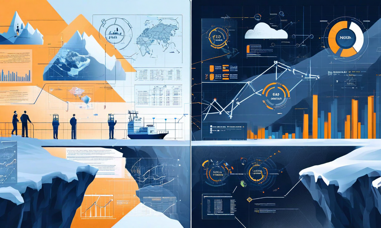戦略的意図と運用現実のギャップを表現するビジュアル。画面左側には北極圏支配やNATO統合などの地政学的戦略が高度なネットワークと戦略地図で表現されている。右側には現場レベルの運用課題として、サプライチェーンの混乱、規制文書による複雑なコンプライアンス負担、変動する市場データパターンが示されている。二つの視点を分ける広がるギャップが視覚的に表現されている。