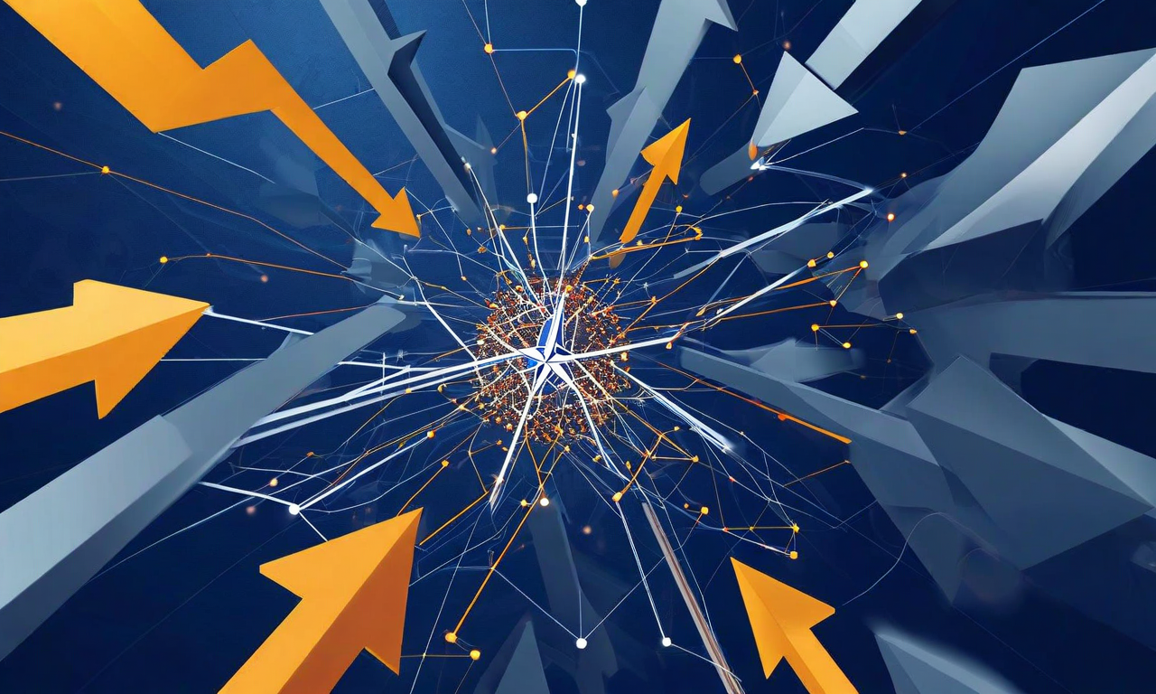 デンマークを中心に配置した抽象的な地政学的ビジュアル。複数の方向から異なる圧力と影響が交差する状況を表現。NATO同盟、グリーンランド自治領、EU経済圏、北欧地域バランスを示唆する矢印と流動的なラインが、中央のデンマークを取り囲んでいる。深い青、銀、琥珀色のトーンで構成された層状の幾何学的要素。