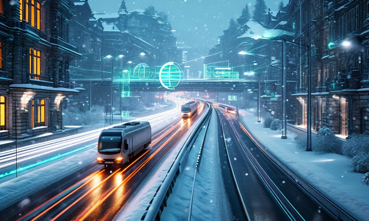 豪雪環境下で機能するレジリエント交通システムの統合ビジョン。AI予測分析による気象データの可視化、自動化された対応トリガーの相互接続、現場チームのリアルタイム連携、冗長性を備えた通信インフラが複数の信号経路で表現されている。雪に覆われた道路上で知的な交通流制御が行われ、自律システムが車両ルーティングを管理し、全システムにおける調整されたレジリエンスが示されている。